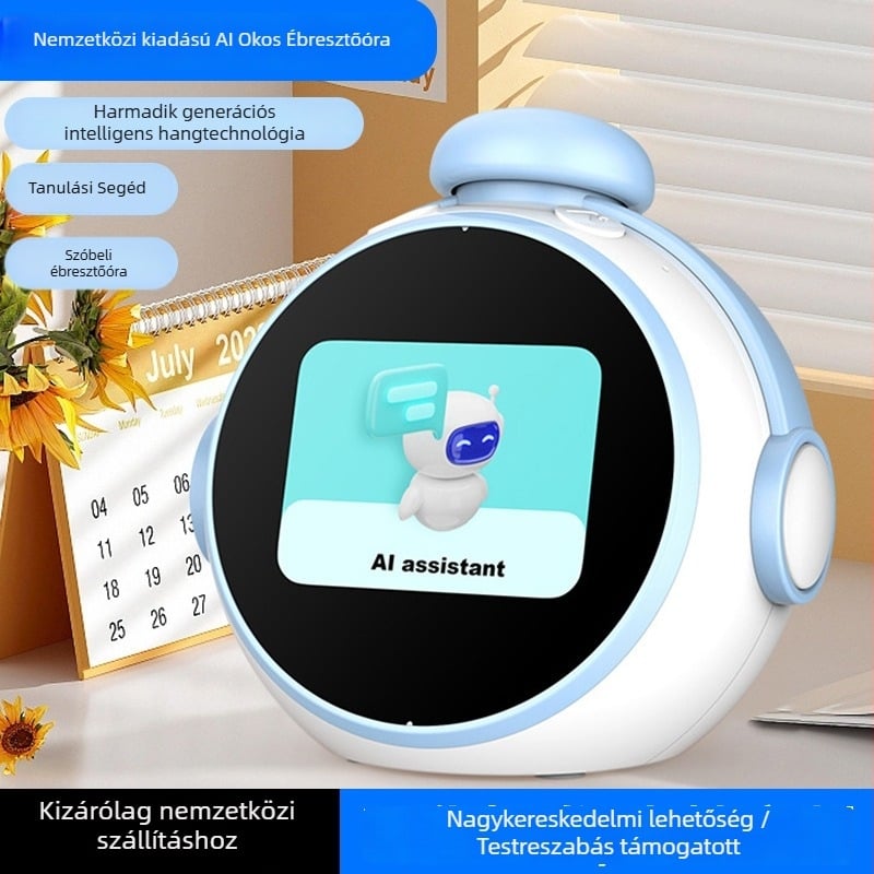 AI okos ébresztőóra diákoknak, hangvezérléssel és időgazdálkodással, LCD számkijelző, újratölthető energiaforrás, elektronikus működés
