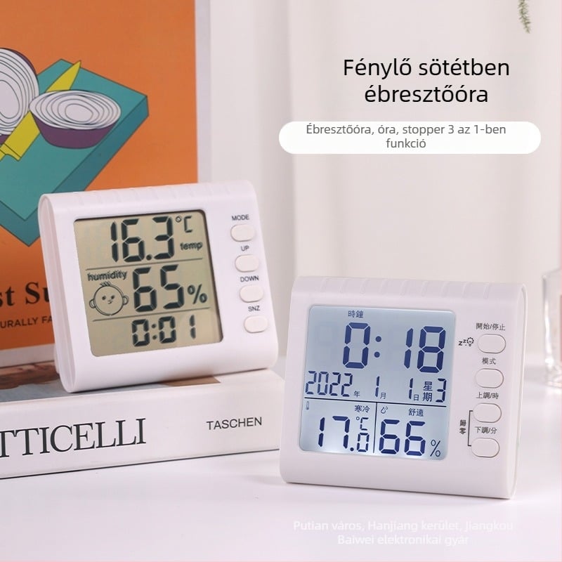 Termohigrométer fényes LED kijelzős három az egyben ébresztőóra és stopwatch, akkumulátoros, négyzet alakú műanyag ház, hőmérő
