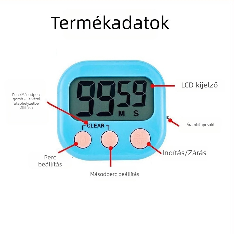 Elektronikus időmérő edzéshez és szépségápoláshoz kapcsolóval, LED-kijelző, műanyag ház, elemmel működik, kronográf