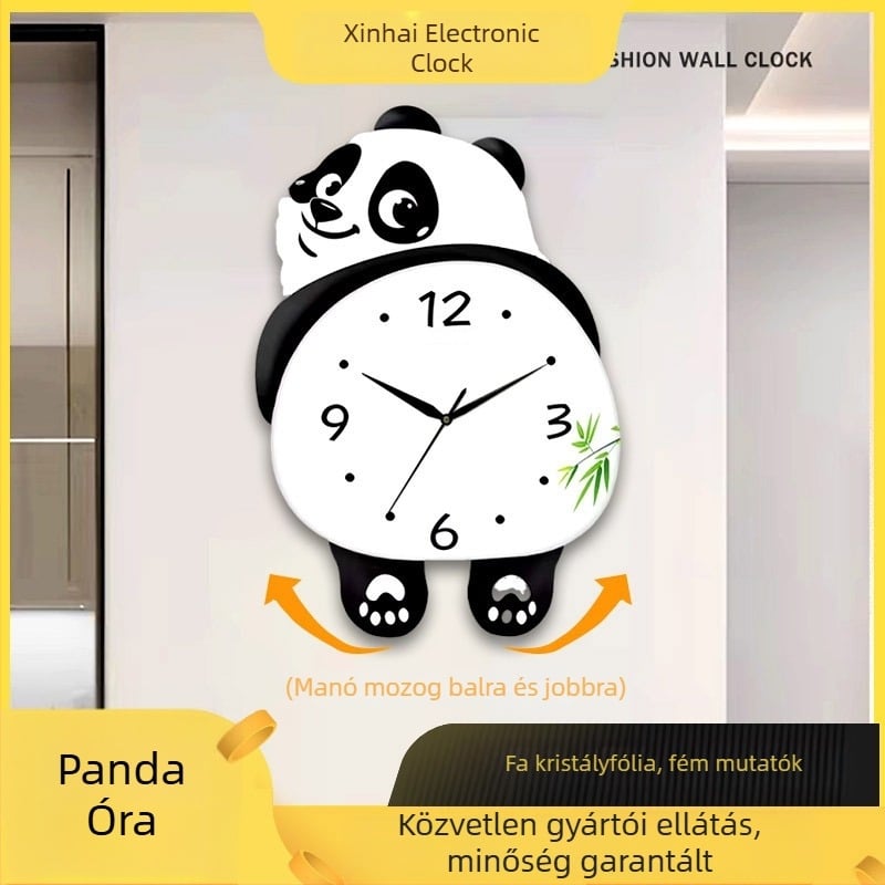 Panda falióra – kör alakú, modern kvarc óra a nappaliba, aranyos dekoráció
