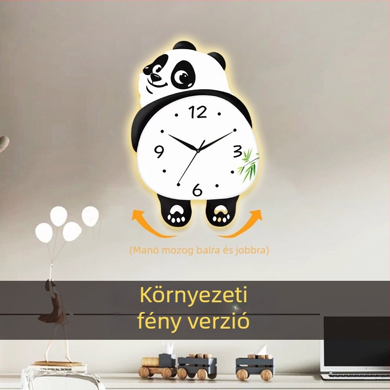 Panda falióra – kör alakú, modern kvarc óra a nappaliba, aranyos dekoráció