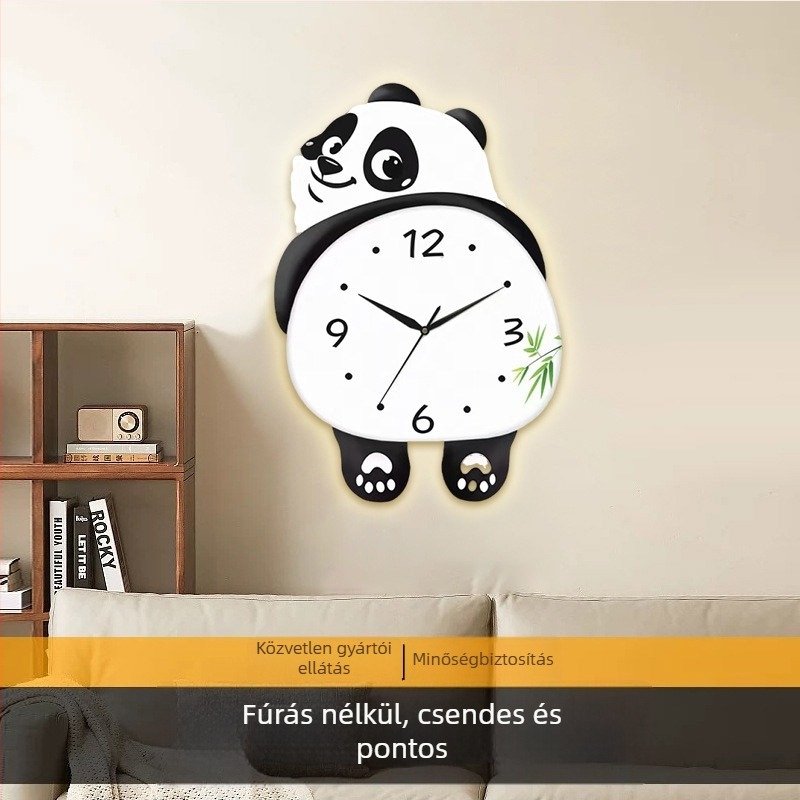 Panda falióra – kör alakú, modern kvarc óra a nappaliba, aranyos dekoráció