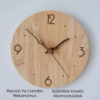 Skandináv stílusú fa falióra nappalira és étkezőbe, csendes működés, fém tokozás, számlap gyanta és fém, működtetés: elemes, mozgás: mechanikus