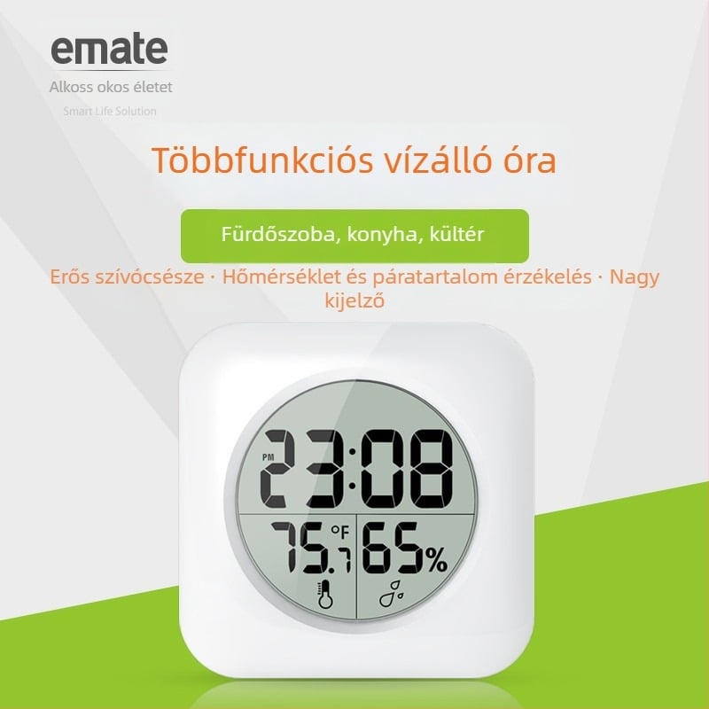 Elektronikus falióra hőmérővel és páratartalom-mérővel, vízálló, szívócsészés rögzítés, LCD kijelző
