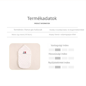 Baba cocoon típusú alvózsák pamut anyagból, belső réteg 95%+ tiszta pamut, töltet poliészter-pamut, fém cipzár, 0–1 éveseknek