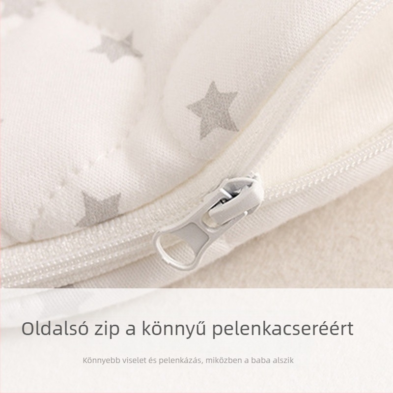 Baba cocoon típusú alvózsák pamut anyagból, belső réteg 95%+ tiszta pamut, töltet poliészter-pamut, fém cipzár, 0–1 éveseknek