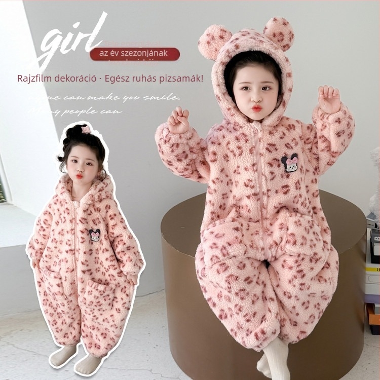 Lányoknak szóló egyrészes téli pizsama beépített hálózsákkal, vastag plüss flanel, 60% poliészter, koreai stílus, 3–8 éveseknek