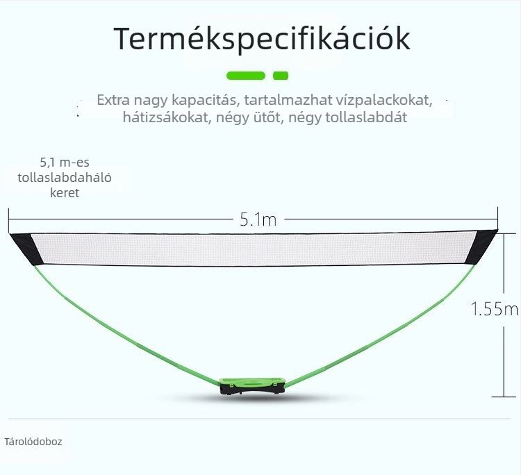 Hordozható PVC-badminton hálóállvány, egyes standard hálóval, kettős oszlopokkal edzésre, könnyű; csomagolási mérete 700x300x140mm; alkalmas badmintonhoz, tenishez és más labdajátékokhoz.