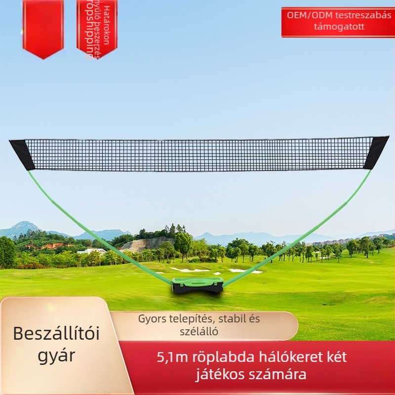 Hordozható PVC-badminton hálóállvány, egyes standard hálóval, kettős oszlopokkal edzésre, könnyű; csomagolási mérete 700x300x140mm; alkalmas badmintonhoz, tenishez és más labdajátékokhoz.