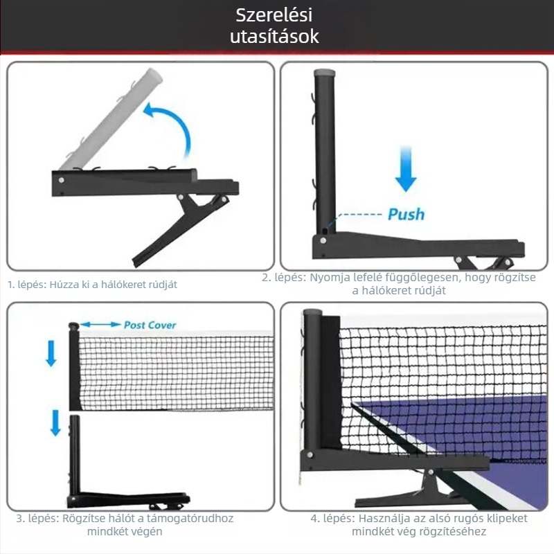 Összecsukható asztali pingpong hálóállvány nemzetközi szabvány szerint hálóval; fém szerkezet; tömeg 420 g; alkalmas asztali pingpongra és tollas tenisze; golyóállvány
