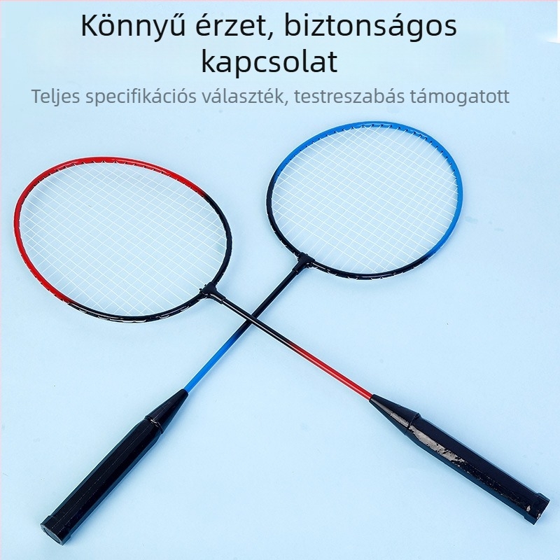 Két ütőből álló tollaslabda készlet, váz vas ötvözetből, súly 95–100 g, ütőtípus: közvetlen ütés, tollaslabda mellékelve