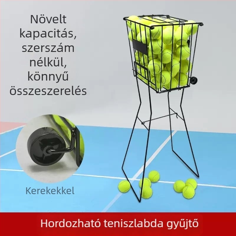 Huayue hordozható vas tenislabda gyűjtőkosár kerékkel, összecsukható nyomásos kialakítás, alkalmas tenishez, asztaliteniszhez és tollaslabdához