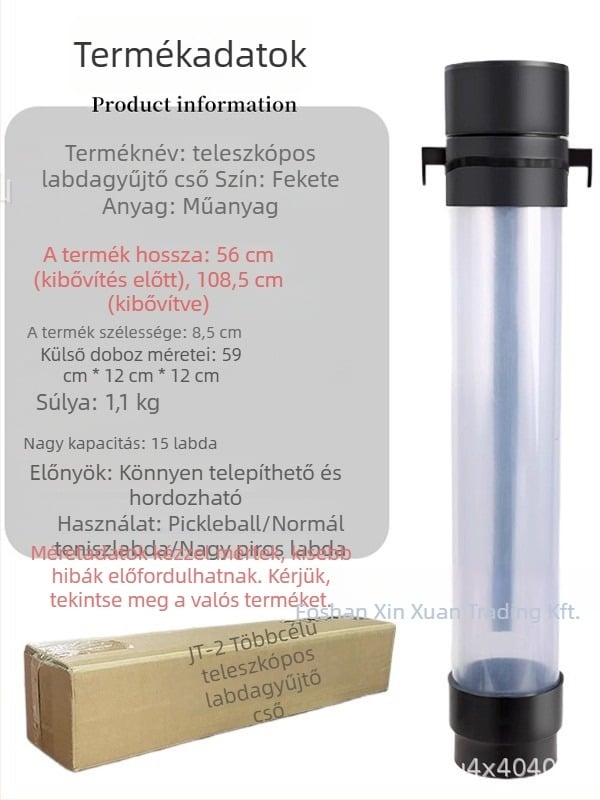 Kinyúló teniszgolyó-gyűjtő, műanyag felépítés, teniszhez, hordozható