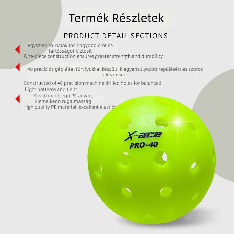 X-ace Pickleball Labda – kültéri használatra, 40-nyílású, PE anyag, súly 26 g±2 g, professzionális versenylabda