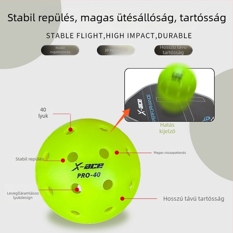 X-ace Pickleball Labda – kültéri használatra, 40-nyílású, PE anyag, súly 26 g±2 g, professzionális versenylabda