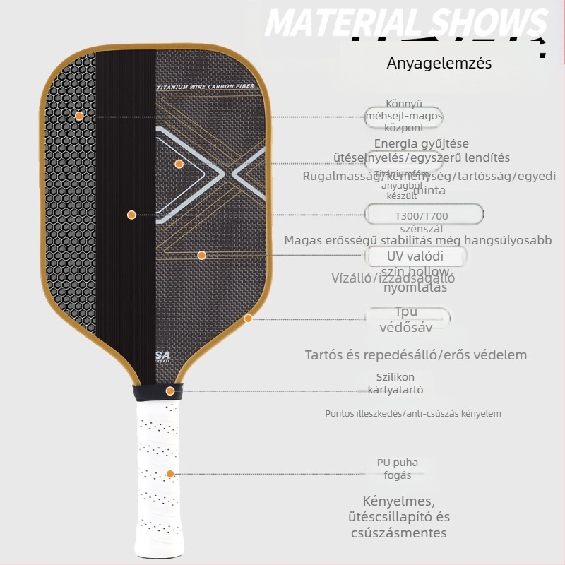 Karbon szálas pickleball ütő, Constant Cabin márka, textúra vászon, matt kivitel, PP honeycomb mag, súly 230±5 g
