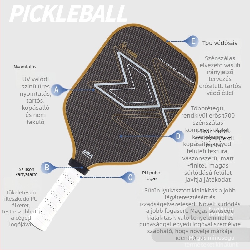Karbon szálas pickleball ütő, Constant Cabin márka, textúra vászon, matt kivitel, PP honeycomb mag, súly 230±5 g