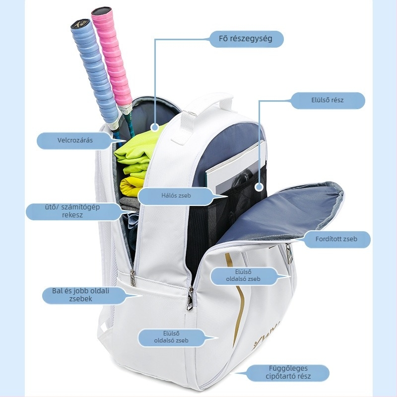 Badminton/tenisz hátizsák felnőtteknek – 3 ütő kapacitás, PU vízálló anyag, Ywyat logó