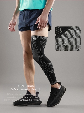 Térdvédő - kötött, hosszított kompressziós védelem kerékpározáshoz, futáshoz, futballhoz és kosárlabdához; anyagok: nejlon, nejlon spandex, latex fonal