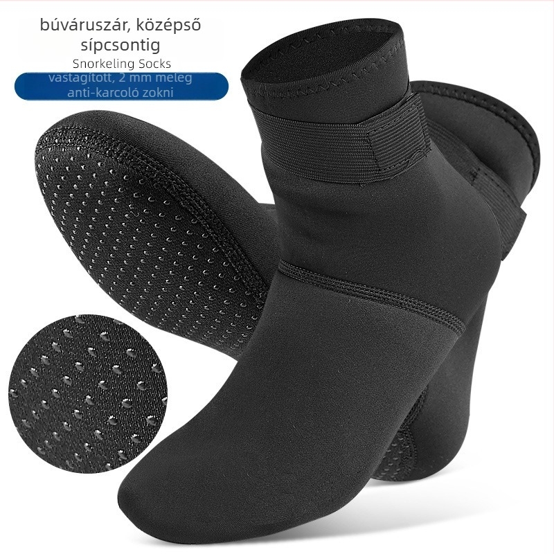 Neoprén téli vízisport zokni, középső hosszú, a vádlit érő, csúszásgátló és súrlódás elleni, dupla tűvel kötött, 70–80% szövet-összetétel