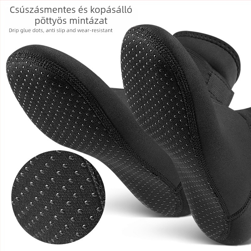 Neoprén téli vízisport zokni, középső hosszú, a vádlit érő, csúszásgátló és súrlódás elleni, dupla tűvel kötött, 70–80% szövet-összetétel