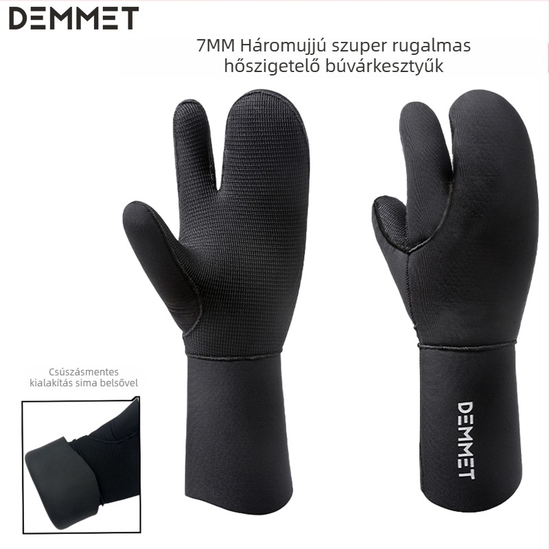 7 mm-es neopren búvárkesztyű, háromujjú, ultraelasztikus, meleg, kopás- és áthatolásálló, horgászathoz és téli úszáshoz