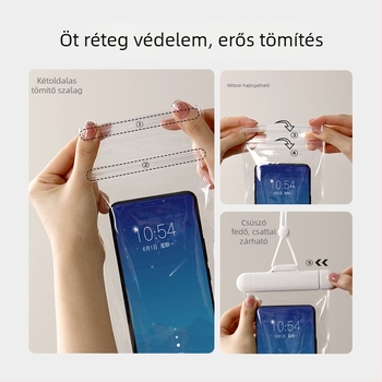 FaSoLa vízálló telefon tok átlátszó érintőképernyővel; Anyag: műanyag; testreszabás elérhető; magánmárka is lehetséges; alkalmas úszásra, búvárkodásra, raftingra, utazásokra és szabadtéri tevékenységekre