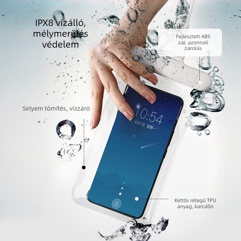 FaSoLa vízálló telefon tok átlátszó érintőképernyővel; Anyag: műanyag; testreszabás elérhető; magánmárka is lehetséges; alkalmas úszásra, búvárkodásra, raftingra, utazásokra és szabadtéri tevékenységekre