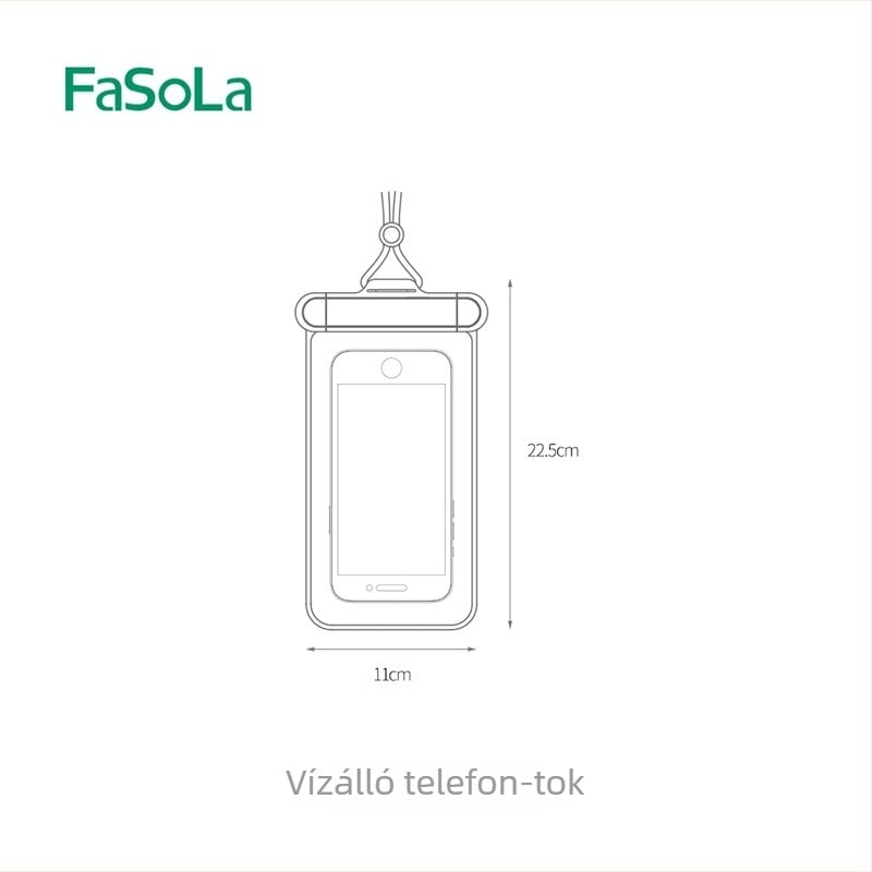 FaSoLa vízálló telefon tok átlátszó érintőképernyővel; Anyag: műanyag; testreszabás elérhető; magánmárka is lehetséges; alkalmas úszásra, búvárkodásra, raftingra, utazásokra és szabadtéri tevékenységekre