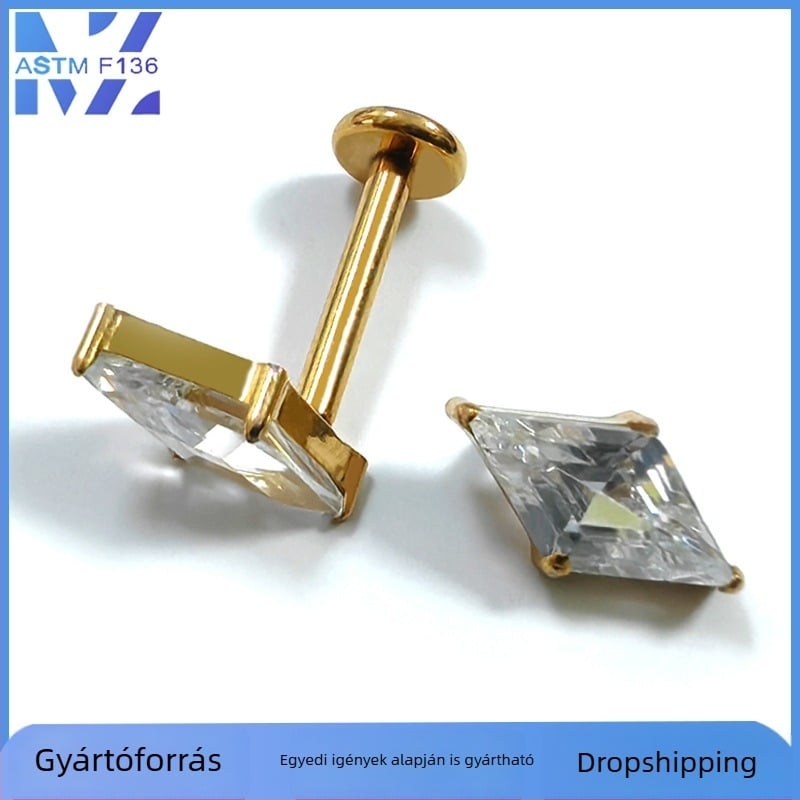 F136 Titániumötvözet rombusz alakú zircon fülbevalók, csavarmenetes csatlakozás, G23 titán, könnyű