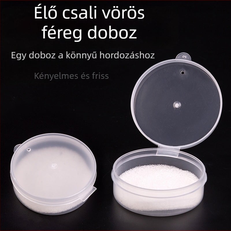 Vörös féreg doboz élőcsalihoz, tenyésztő doboz lyukakkal és szivaccsal, horgász felszerelés kiegészítők