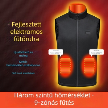 Intelligens fűtéses mellény – 9-zónás dupla vezérléssel, állandó hőmérséklet, galléros cipzárral, anyag: poliészter rost keverék