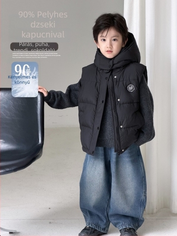 Gyerekek téli tollmellény fiúknak, kapucnival, rövid fazon, laza szabás, tolltartalom 86–90%