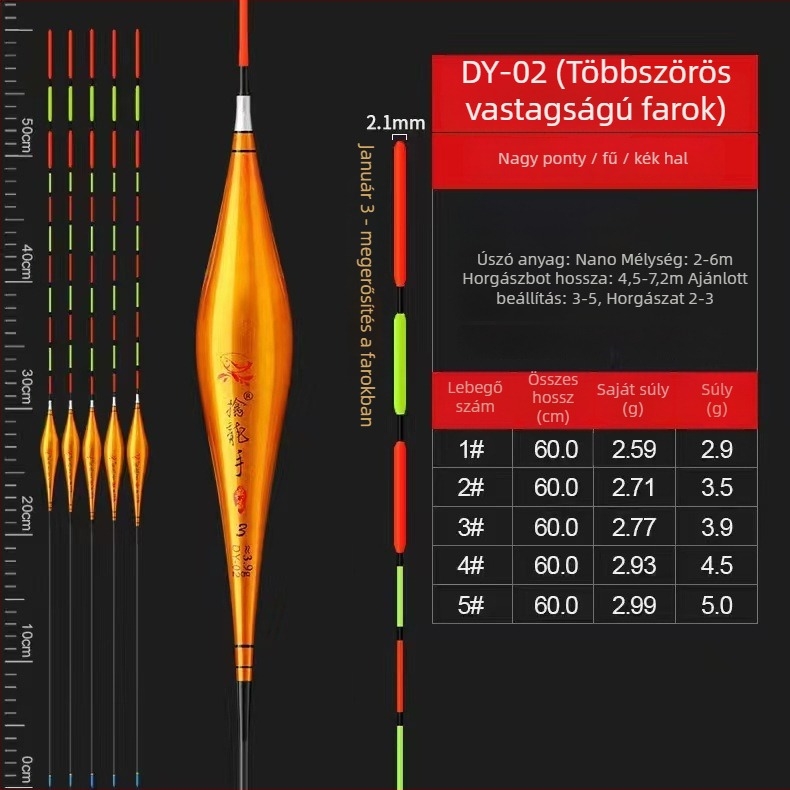 Horgász úszó – függőleges sodrás, gyöngyös úszó, hosszított dizájn, kompozit anyag