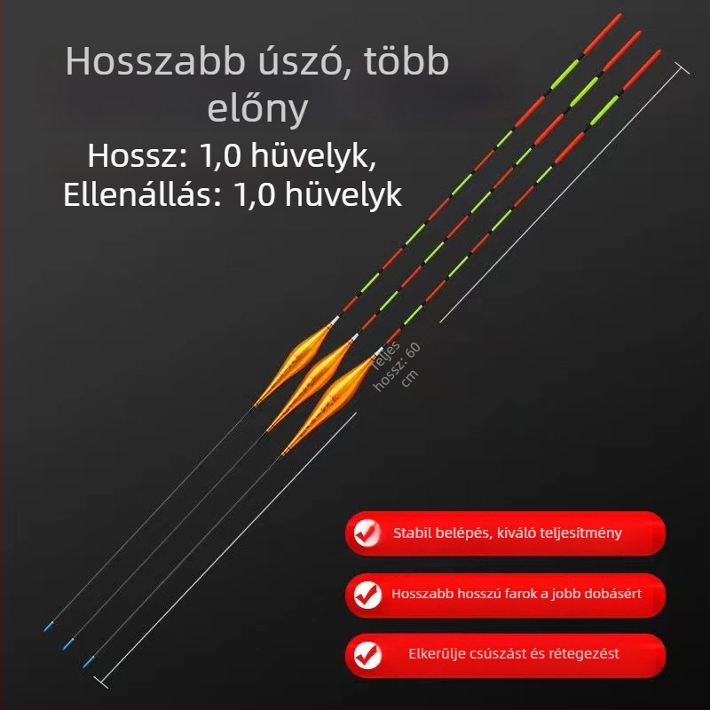 Horgász úszó – függőleges sodrás, gyöngyös úszó, hosszított dizájn, kompozit anyag