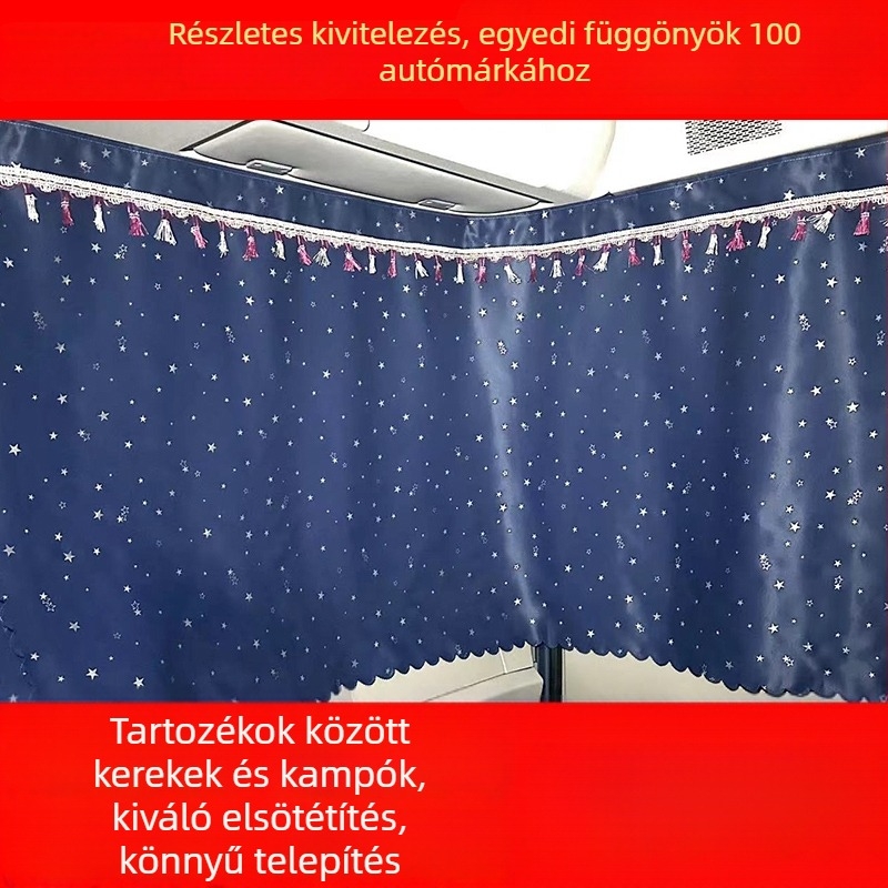 Nagy tehergépkocsi oldalsó ablakainak blackout anyagból készült függönye, felakasztva, napvédelmi funkció, testreszabható