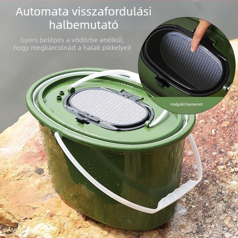 Élőhalas horgász vödör, kétszintes, megerősített műanyagból, 2 az 1-ben kialakítás
