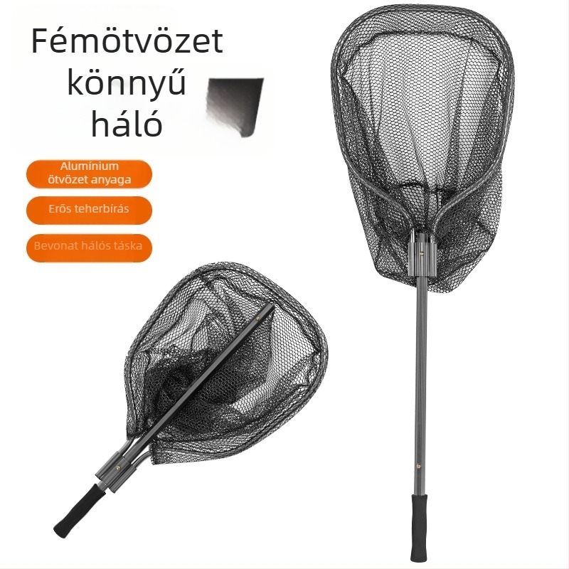 Háromszög alakú összecsukható horgászháló készlet teleszkópos alumíniumötvözet rúddal, könnyű és merev keret, leválasztható osztott háló, tóparti horgászathoz