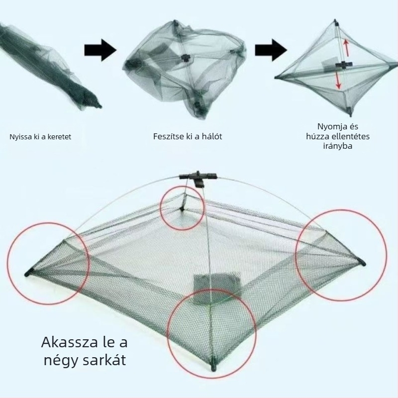 Garnéla horgász háló – nyitott kivitel, összecsukható emelőháló, garnéla ketrec, horgász háló eszköz (Márka: Egyéb; Anyag: Egyéb)