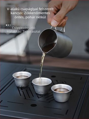 Kültéri 304 rozsdamentes acél teáskészlet, 6 darab, kemping/piknik használatra, tartalmaz teáskannát és teáscsészéket, tűzhelyen is használható