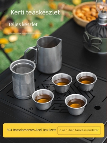 Kültéri 304 rozsdamentes acél teáskészlet, 6 darab, kemping/piknik használatra, tartalmaz teáskannát és teáscsészéket, tűzhelyen is használható