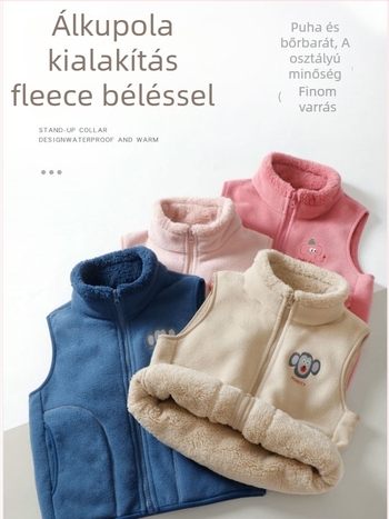 Gyerekeknek készült fleecével bélelt, vastag mellény, uniszex, cipzáras zárás, 100% poliészter