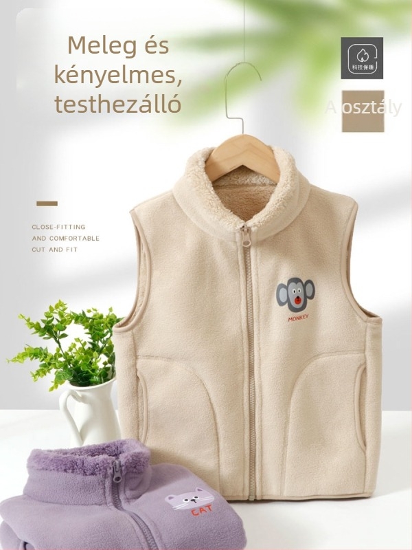Gyerekeknek készült fleecével bélelt, vastag mellény, uniszex, cipzáras zárás, 100% poliészter