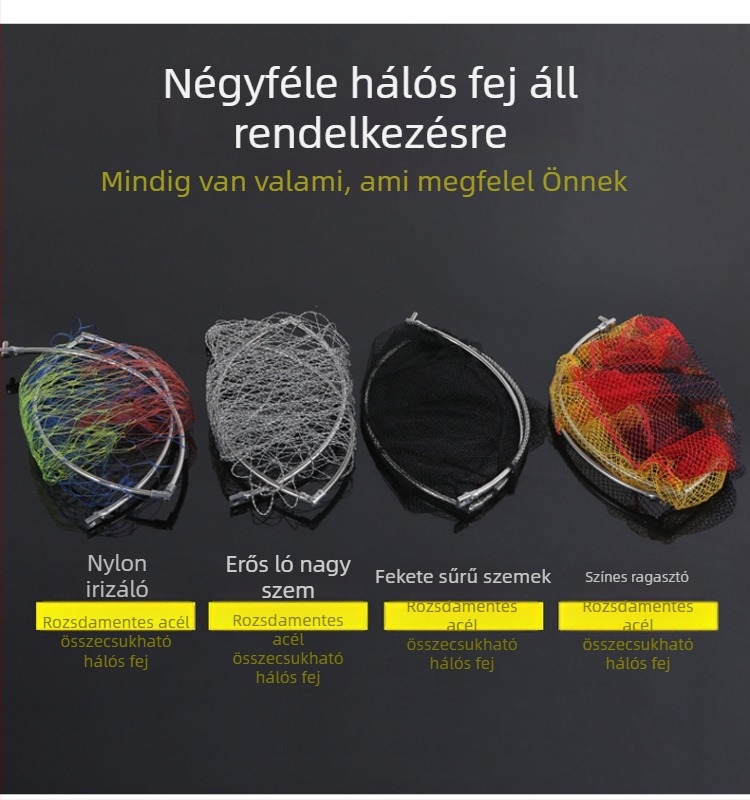 Rozsdamentes acélból készült összecsukható horgász hálófej, nagy szemű, színes