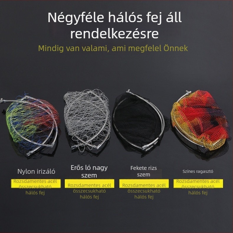 Rozsdamentes acélból készült összecsukható horgász hálófej, nagy szemű, színes