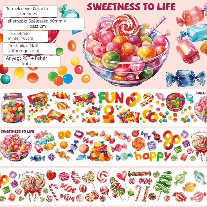 Naplóírási szalag aranyos gyümölcsös desszertes mintával, PET anyag, gourmet desszertek stílusa, Crystal Ink Laser technika, márka Five Treasures