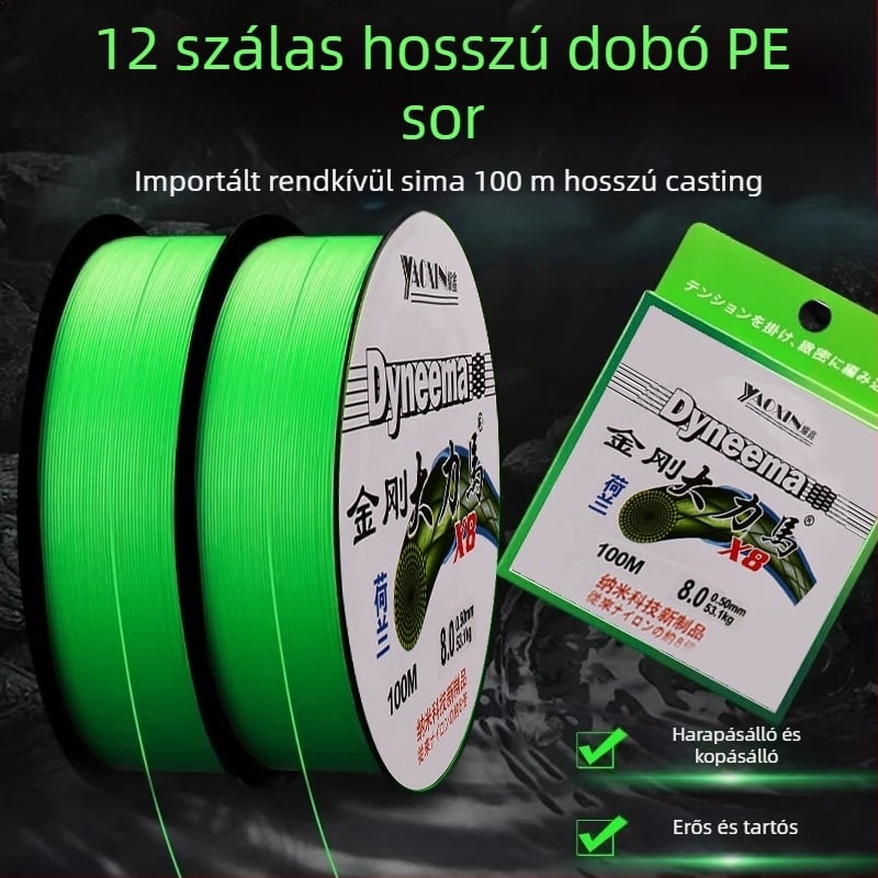 Fő zsinór, PE sodrotz zsinór 12-, 8- és 4-szálas, hosszú dobásokhoz, nagy erősség, horgászati terhelés 10–100 kg