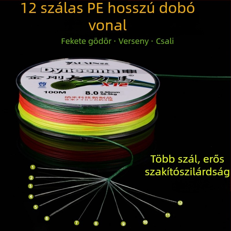 Fő zsinór, PE sodrotz zsinór 12-, 8- és 4-szálas, hosszú dobásokhoz, nagy erősség, horgászati terhelés 10–100 kg
