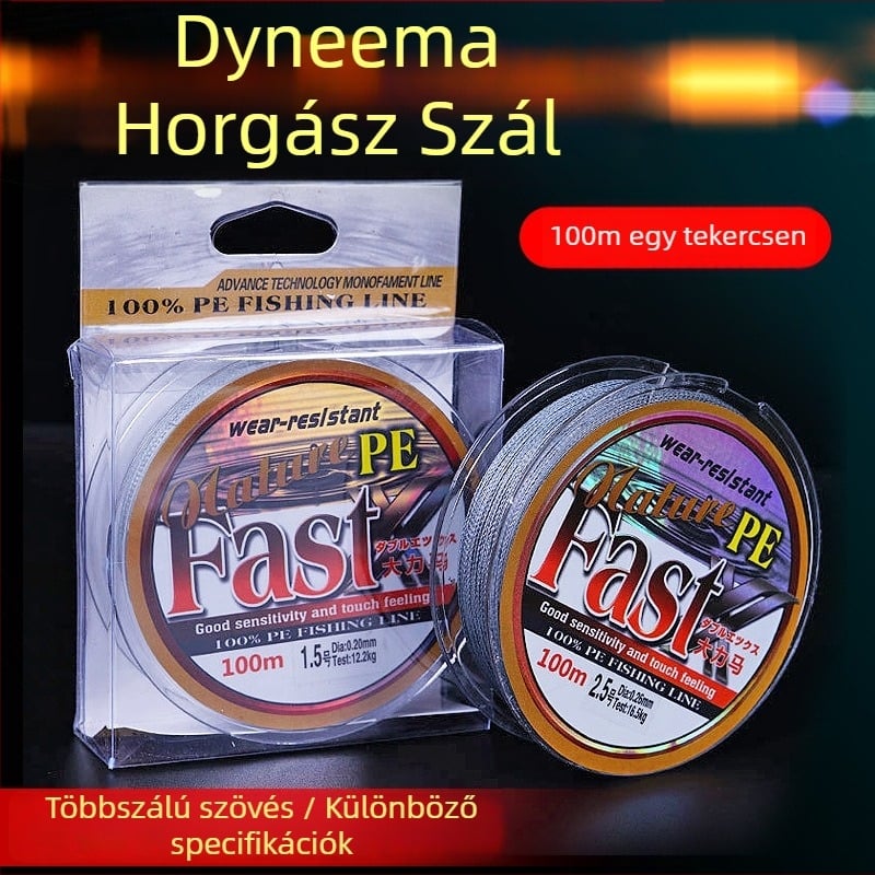 PE fonott horgászzsinór, 4- vagy 8 szálas, hossz 100/150 m