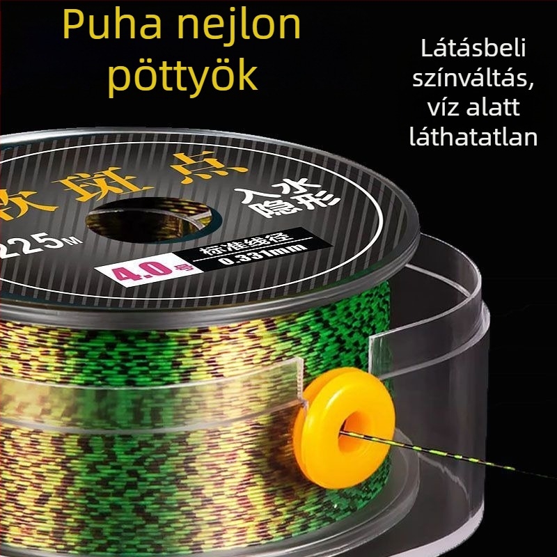 Fő horgász zsinór — nejlonból, pöttyös mintázat, puha tapintású, nagy vonóerő (Típus: fő zsinór; Anyag: nejlon; Mintázat: pöttyös; Tapintás: puha; Vonóerő: nagy)